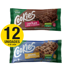 KIT 12 UN | COOKIES INTEGRAL TRADICIONAL 60G 6 UN E CHOCOLATE  6 UN | VITAO